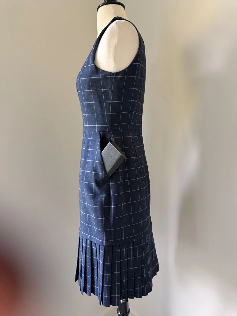 J.Crew Navy Blue Windowpane Pleated Hem Sheath Dress w/ Pockets (size 2P)